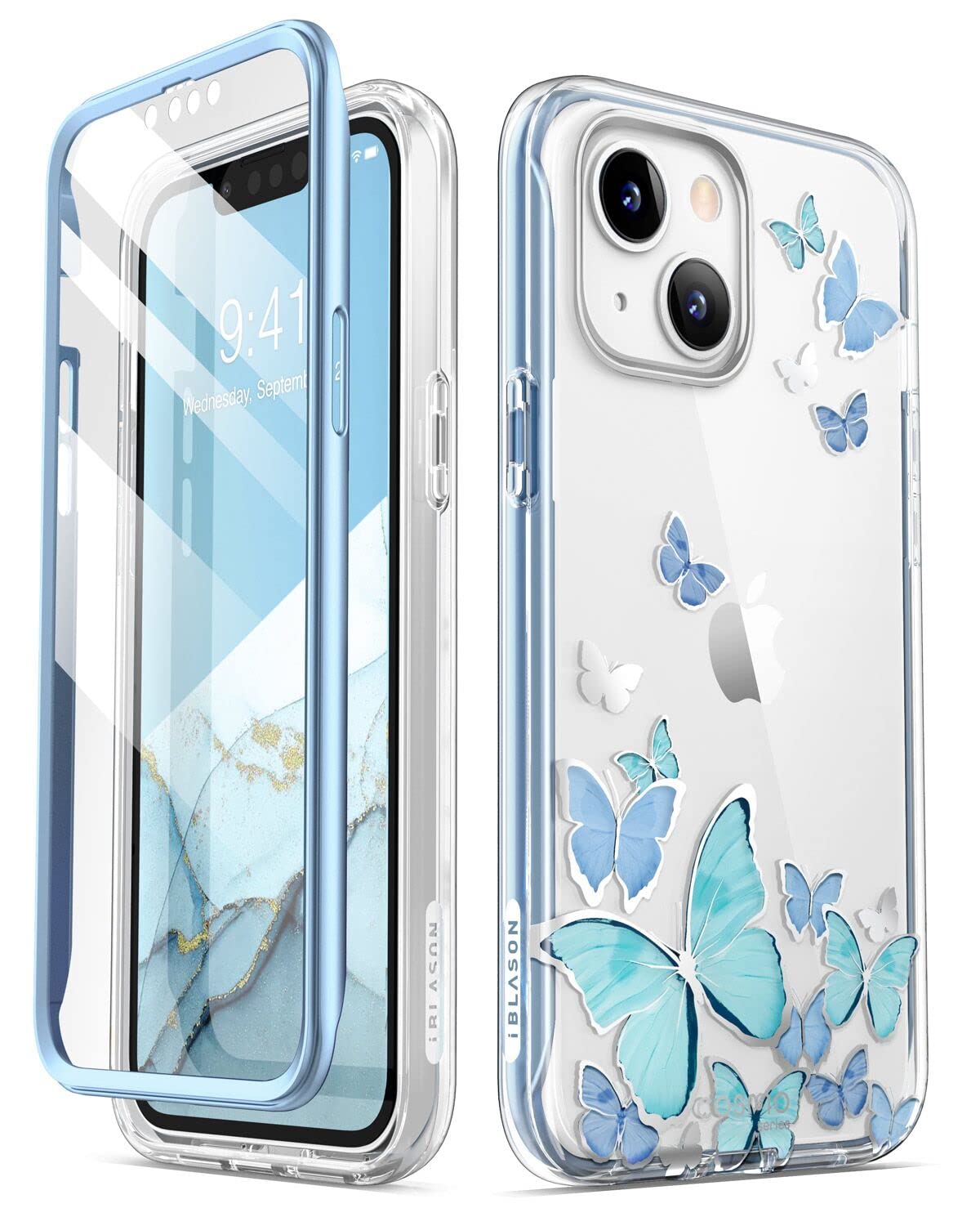 i-Blason Cosmo Series Hülle für iPhone 13 5G 6,1 Zoll (2021 Release), Slim Full-Body Stylische Schutzhülle mit integriertem Displayschutz (BlueFly)