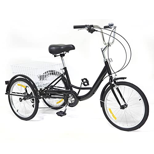 Lightakai 20 Zoll Dreirad für Erwachsene, 8-Gang Erwachsene Fahrrad Dreirad 3 Rad Bike mit Einkaufskorb Dreirädriges Cruiser-Fahrrad für Erholung, Einkaufen, Picknicks (Schwarz)