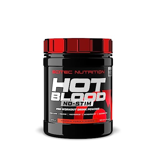 Scitec Nutrition Hot Blood No-Stim - Aromatisiertes, Stimulanzienfrei Pre-Workout Getränkepulver mit Zucker, schwarzer Pfefferextrakt, 375 g, Tropischer Punsch