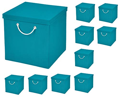 StickandShine 10er Set Türkis Faltbox 30 x 30 x 30 cm Aufbewahrungsbox faltbar mit Kordel und mit Deckel
