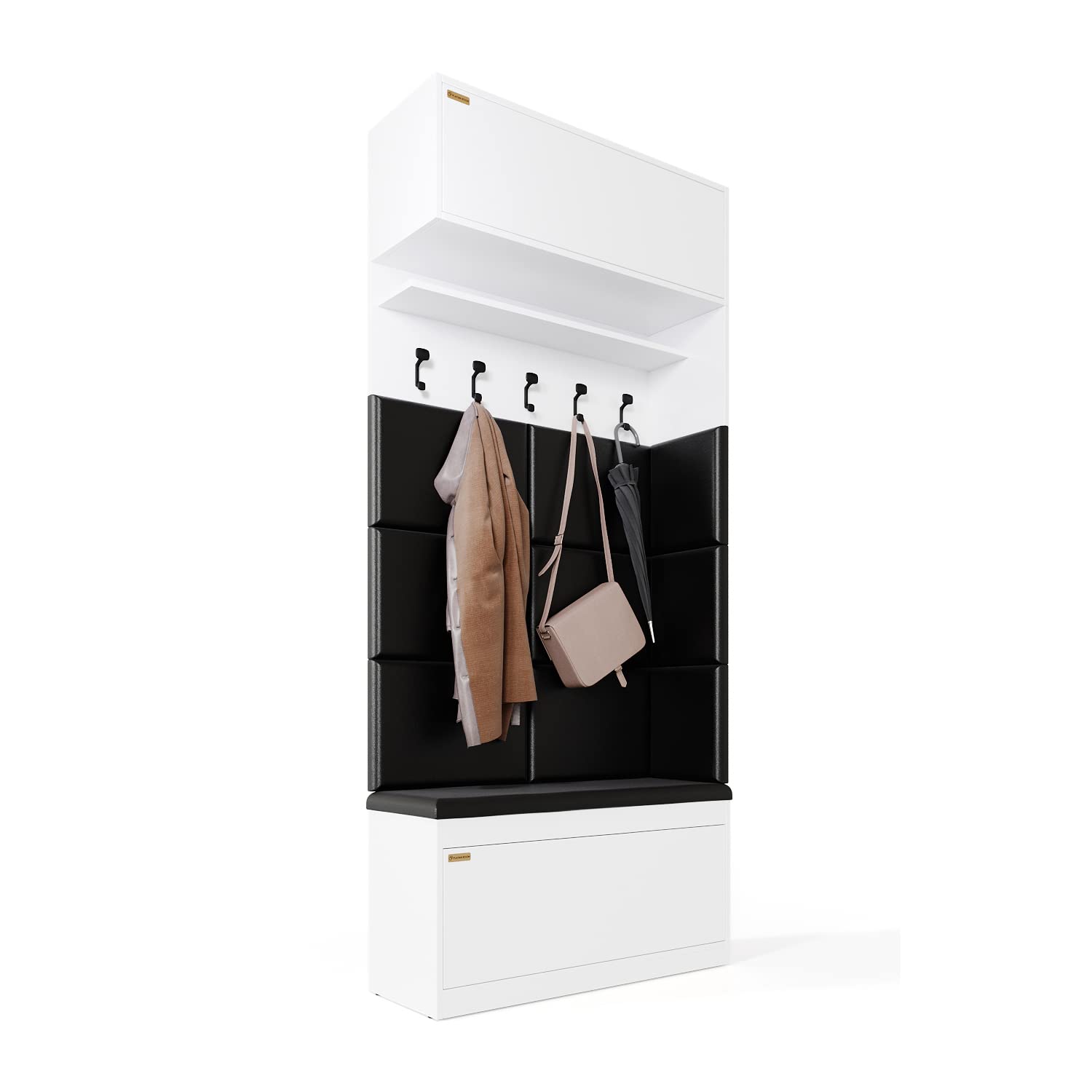 PLATAN ROOM Wand-Garderobe Set mit Garderobenpaneel & Schuhschrank & Hängeschrank 100 cm Flurgarderobe Garderobenset Flur Eiche Holz Weiß (Weiß, 4-TLG. mit 10 paneel)