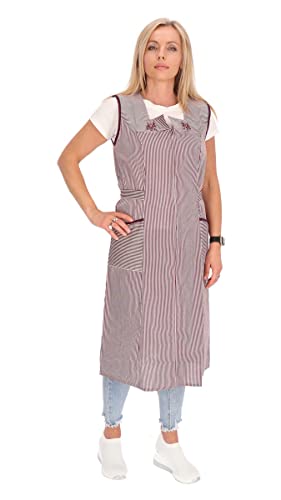 Reißverschluss Kittel gestreift Hauskleid Baumwolle Schürze Kochschürze, Farbe:bordeaux, Größe:58