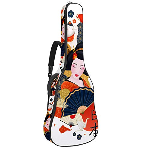 Gitarren-Gigbag, wasserdicht, Reißverschluss, weich, für Bassgitarre, Akustik- und klassische Folk-Gitarre, japanische Geisha, bunte Karpfen Glückskatze