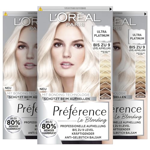 L'Oréal Paris Extrem Aufheller für platin-blondes Haar, Mit Anti-Gelbstich und Anti-Haarbruch Technologie, Permanente Haarfarbe, Préférence Le Blonding, 9L Helles Platinblond