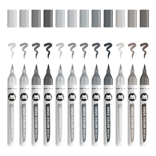 Molotow Aqua Color Brush (Brush Pen Marker Grey-Set, Pinsel Spitze für Aquarellieren und Handlettering) 12 Stück sortiert