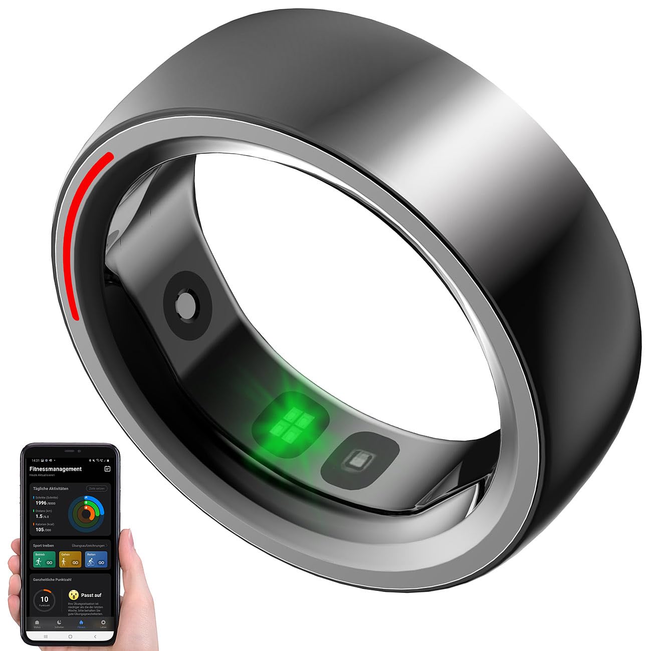 Newgen Medicals Smart Ring: Fitness- & Schlaftracker-Ring mit Herzfrequenz- & SpO2-Anzeige, Gr. 68 (Tracker Ring, Tracking Ring, Armbanduhren)