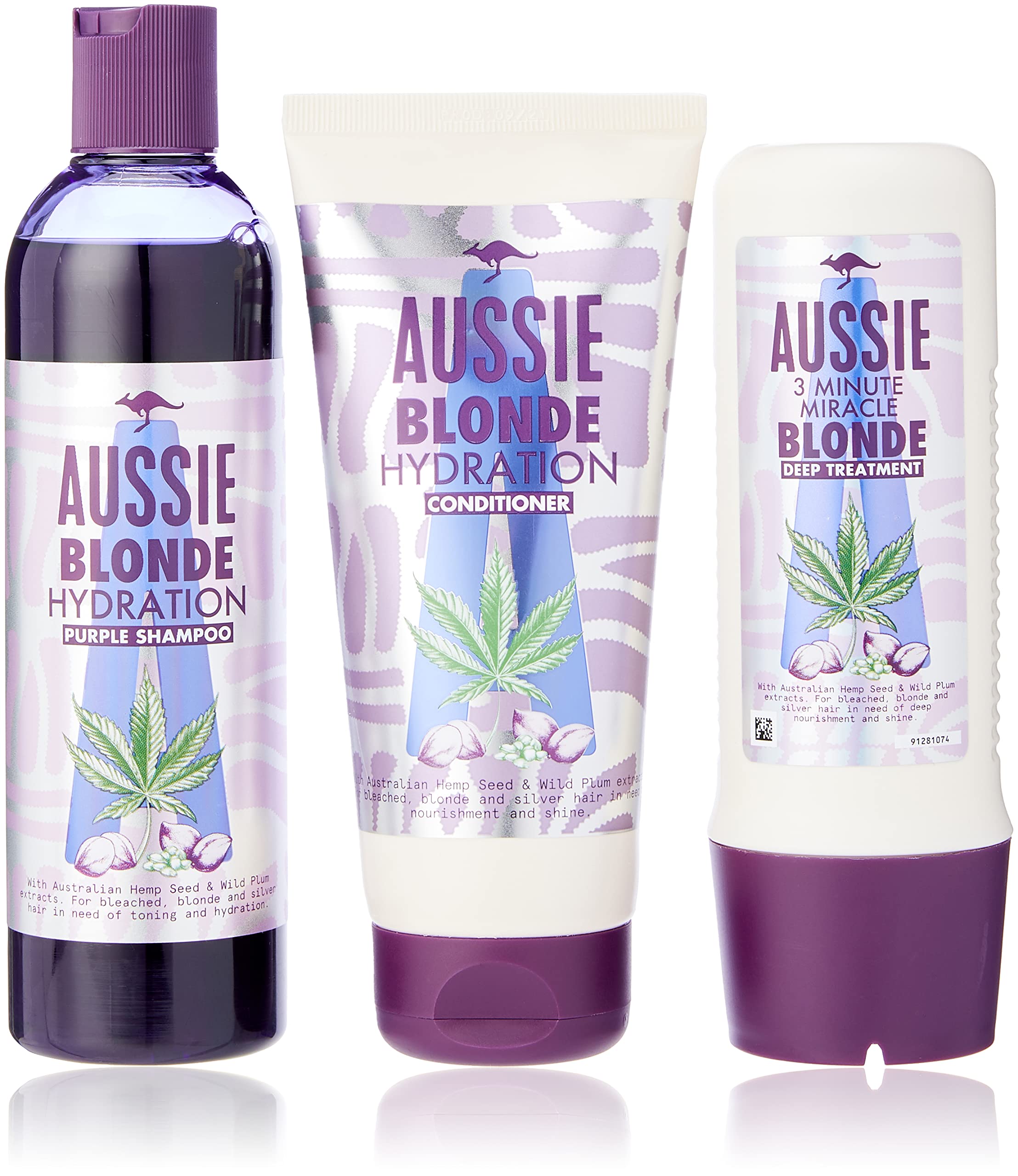 Aussie Blonde Hydration Vegan Purple Shampoo, Conditioner und 3 Minute Miracle Haarmaske Set, Blondes und Silber Haartoner-Set, neutralisiert Gelb- und Messingtöne für hydratisiertes Haar.