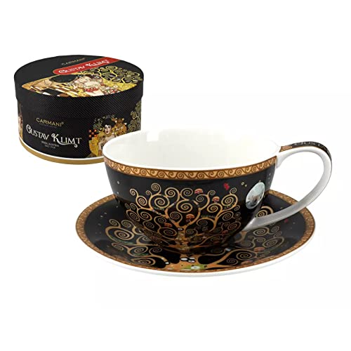 CARMANI - Porzellan Tee, Kaffee, Cappucino Tasse und Untertasse Set mit Gustav Klimt, Der Baum des Lebens 360ml