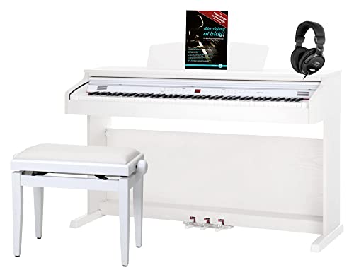 Classic Cantabile DP-50 WM E-Piano SET (Digitalpiano mit Hammermechanik, 88 Tasten, 2 Anschlüsse für Kopfhörer, USB, LED, 3 Pedale, Piano für Anfänger, Pianobank, Kopfhörer, Klavierschule) weiß matt