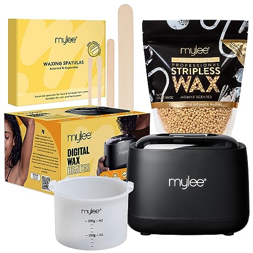 Mylee Advanced Wax Kit, Komplettes professionelles Set für zuhause, Seidig glatte Haut, Digitalem Wachswärmer, Fortschrittliches streifenloses Wachs mit Jasminduft, Verschiedene Einweg-Holzspatel