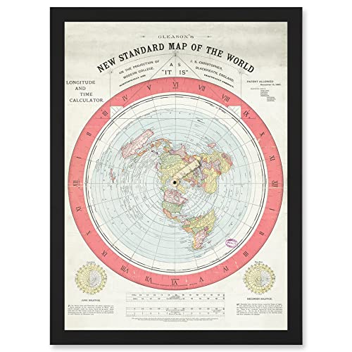 1892 World Time Calculator Flat Earth Map Gleason Artwork Framed A3 Wall Art Print Welt Karte Mauer
