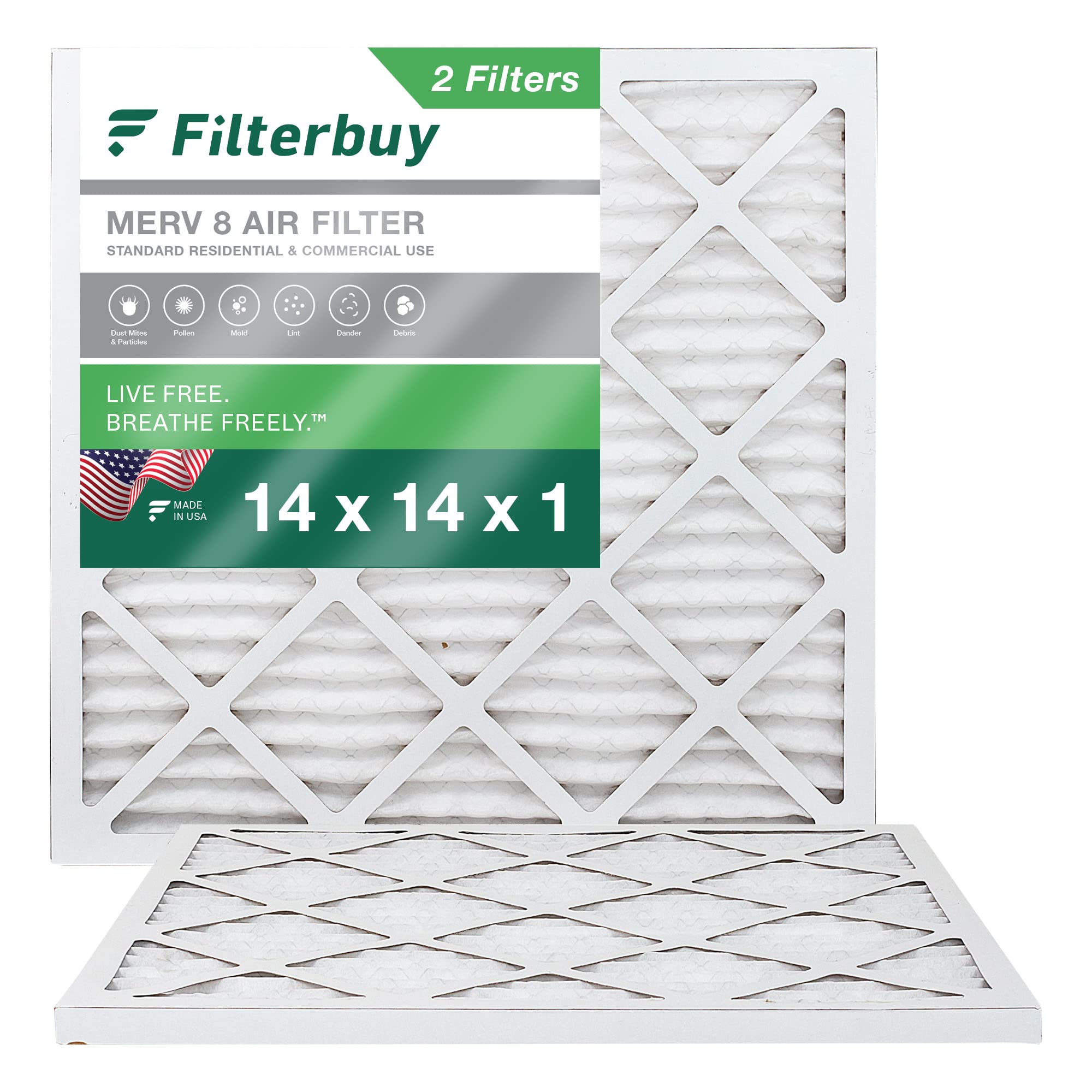 Filterbuy 14x14x1 Luftfilter MERV 8 Staubschutz (2er-Pack), plissierter HVAC AC Ofen Luftfilter Ersatz (tatsächliche Größe: 34 x 34 x 1,9 cm)