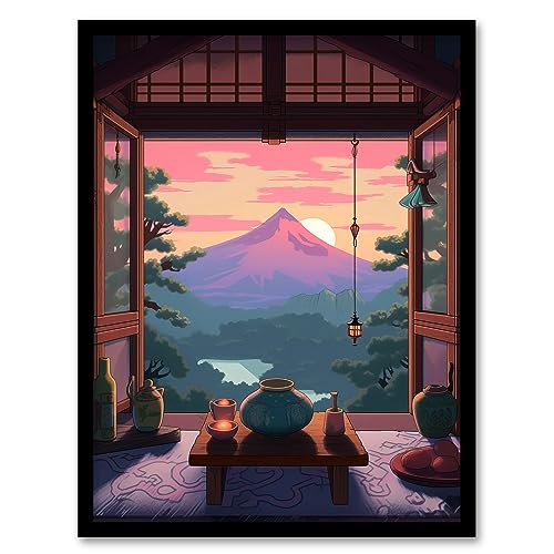 Mount Fuji View from House Patio Colourful Painting Traditional Tea Ceremony Japanese Hospitality Sunset Mountain Landscape Art Print Framed Poster Wall Decor 12x16 inch