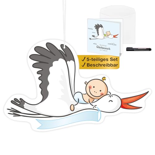 Storch zur Geburt Junge I Willkommen zuhause Baby I Set 5 Teile I Fliegender Klapperstorch I beidseitig bedruckt I zum Aufhängen I wetterfest I innen & draußen I 53 x 34 cm I Geburtsstorch Babyparty