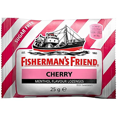 Fisherman's Friend Cherry | Karton mit 24 Beuteln | Kirsche und Menthol Geschmack | Zuckerfrei für frischen Atem