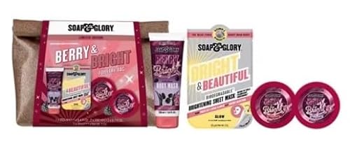 Soap & Glory Berry & Bright Kulturbeutel - Geschenkset für Weihnachten 2023 - Berry & Bright Body Wash, Body Butter, Bright & Beautiful Radiance Sheet Mask and Glittery Toiletry Bag