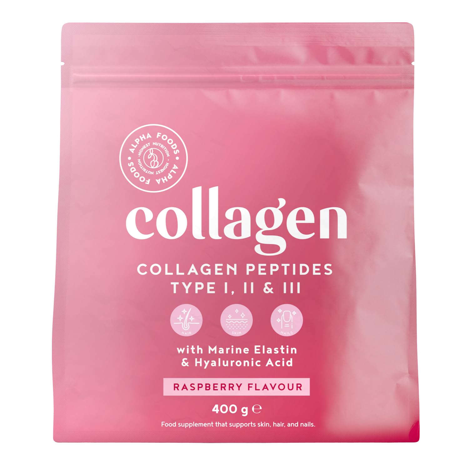 Alpha Foods Collagen Pulver (400g) - Kollagen Hydrolysat Peptide Type I, II & III - Hochdosiert Kollagenpulver mit Hyaluronsäure und Elastin - Himbeergeschmack - Aus Deutschland