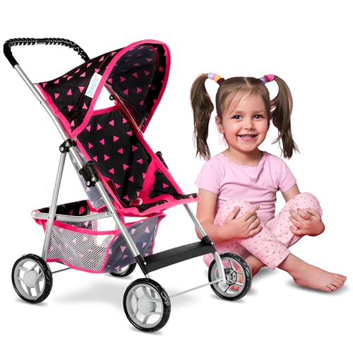 Kinderplay Puppenwagen, Puppen Buggy Kinderwagen, Buggy mit Anschnallgurt und Einkaufsnetz - Babyspielzeug, Modern, Leichtgängiger Räder und weichem Soft-Griff, KP0280R