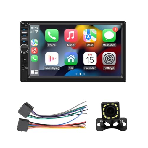 Tyuooker 7-Double-Din-CarPlay-Autoradio mit CarPlay Android Auto, Schwarzem ABS, 7 mit Mirror Link, Bluetooth, FM, Rückfahrkamera