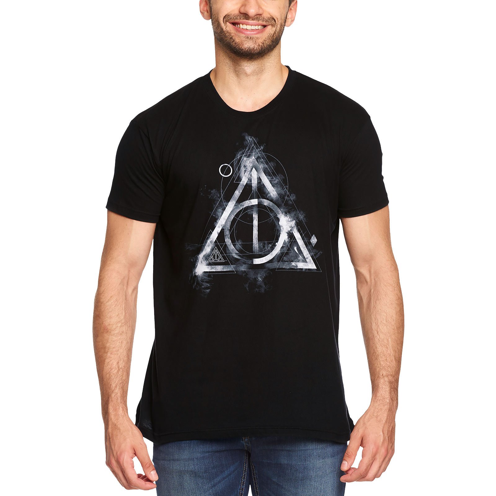 Elbenwald Harry Potter T-Shirt mit Smoky Deathly Hallows Frontprint zu den Heiligtümern für Damen Herren Unisex Baumwolle schwarz - XL
