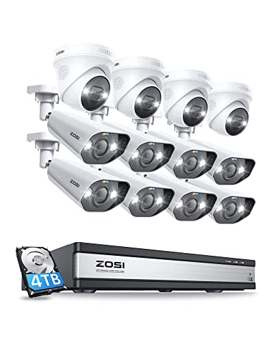 ZOSI 4K Überwachungskamera Set, 12X 8MP PoE IP Kamera Überwachung Aussen mit Smart Personenerkennung und Spotlight Alarm, 16CH 4TB HDD NVR für 24/7 Video- & Audioüberwachung, Farbnachtsicht