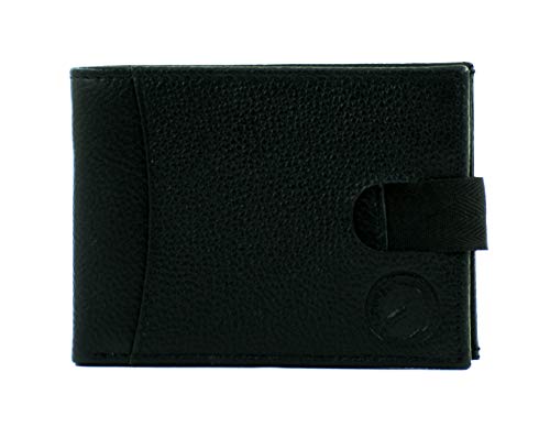 OVERDOSE Men's Black Ultra Slim Bifold Leather Wallet with Lock Strap, FILP Wallet, Card Holder, ID Window, Pocket Chain Wallet, FINE PDM Black Leather