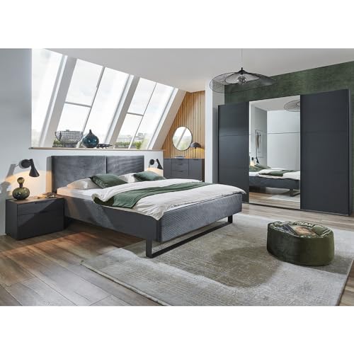 Schlafzimmer Set 5-teilig mit Polsterbett 180x200, Schwebetürenschrank, Kommode, 2 Nachttische in Graphit Modern