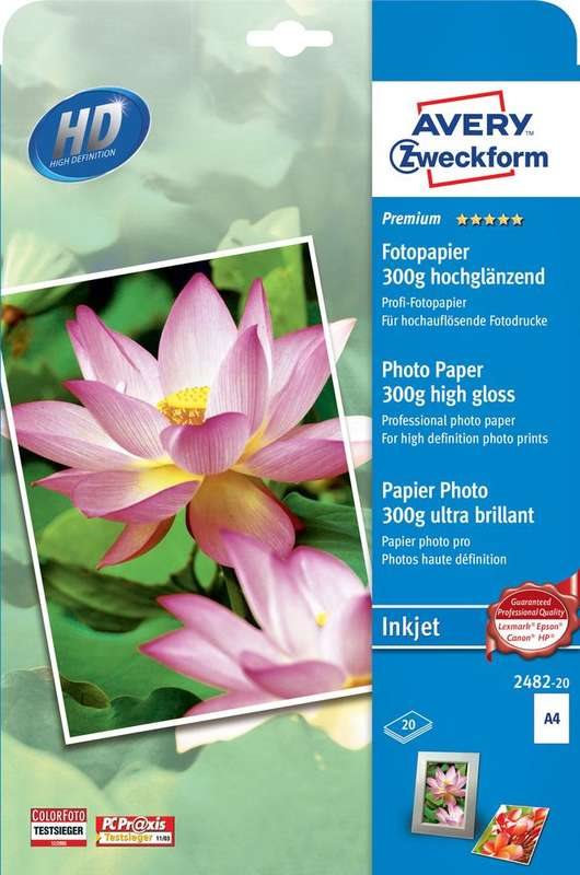 Avery Zweckform Premium Inkjet Photo Paper 2482 - Hochglänzend - weiß - A4 (210 x 297 mm) - 300 g/m² - 20 Blatt Fotopapier