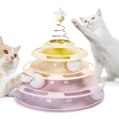 Nobleza - Interaktives Katzenspielzeug, 4-Stufiger Drehteller für Katzenspielzeug, Bälle mit 3 Bällen, Buntes Sternendesign Oben, Drinnen Katzenspielzeug Spielzeug, 25×25×25.5cm, Rosa