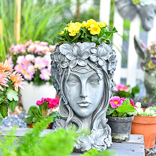 Sungmor Premium Kunstharz-Kopf-Übertopf – 35 cm hoch, großer Blumentopf – Schönheit Gesicht Figur Ornament Container – dekorative Pflanzen künstliche Blumen Vase – Haus Garten Terrasse Hof Dekoration