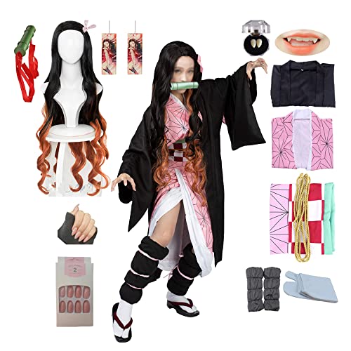 kelihood Japanischer Anime Demon Slayer Cosplay: Neozo Kamado Cosplay Kostüm Kimono Set Anime Cosplay Kostüm Erwachsene Kimono Halloween Kostüm-Kinder_L