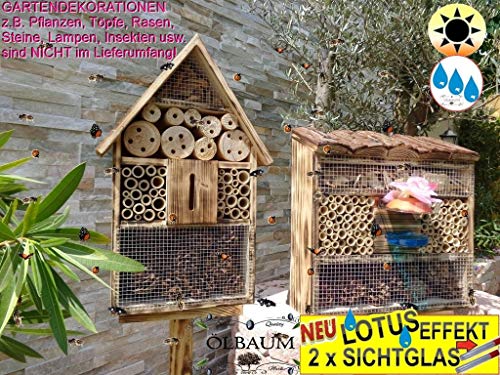 2 x geflammt-rustikale Bienenhotels, mit Lotus+2xBrutröhrchen, viereckig/Quadrat + Hausform, Insektenhaus + Bienenhaus mit Bienentränke, Insektenhotel, mit Lotus+2xBrutröhrchen, Farbwahl