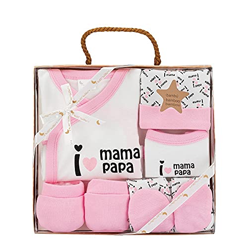 Baby Geschenkset 5 Stücke Für Neugeboren 0-6 Monate - Modell:"I Love Mama-Papa", rosa