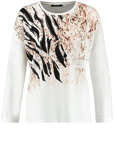 Taifun Damen Langarmshirt aus Interlock-Jersey Langarm, mit Ärmelaufschlag Frontprint Offwhite Gemustert 38