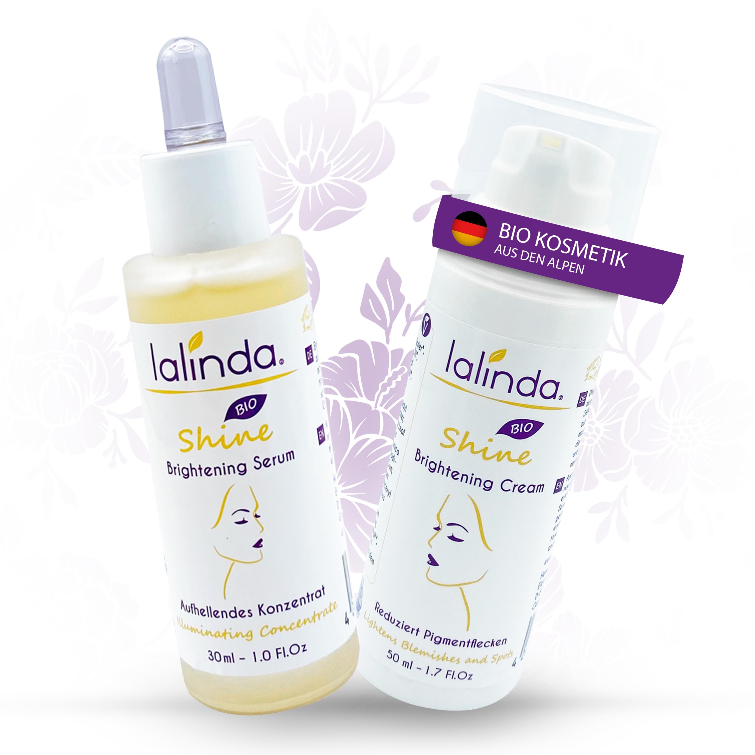 lalinda - BIO Brightening Set - gegen Pigmentflecken, Altersflecken und Falten - Anti-Aging Effekt, Vegan 2 Produkte Set 30 ml + 50 ml