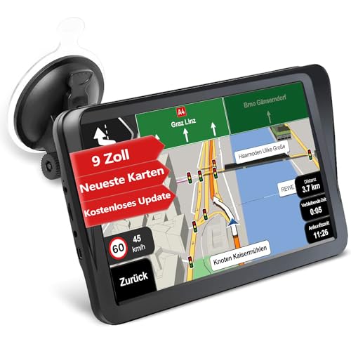 GPS Navi Navigation für Auto LKW PKW Aonerex 9 Zoll Navigationsgerät mit Sonnenschirm POI Sprachführung Fahrspurassistent Europa Maps Lebenslang Kartenupdates