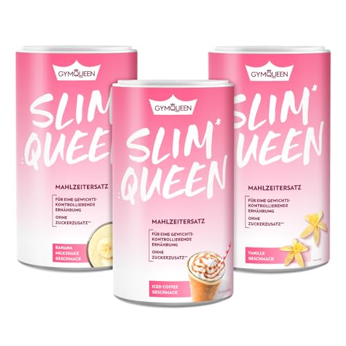 GymQueen Slim Queen Abnehm Shake 3x420g, Iced Coffee + Vanille + Banana Milkshake, Leckerer Diät-Shake zum einfachen Abnehmen, Mahlzeitersatz mit wichtigen Vitaminen und Nährstoffen
