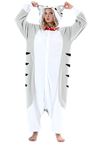 Damen Herren Jumpsuit Onesie Tier Fasching Halloween Kostüm Lounge Sleepsuit Cosplay Overall Pyjama Schlafanzug Erwachsene Unisex Tabby Katze for Höhe 140-187CM