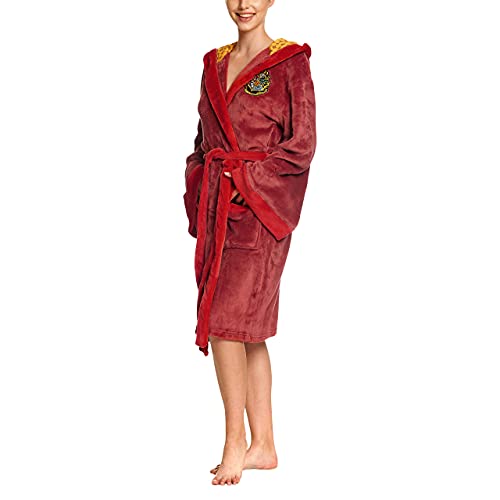 Elbenwald Harry Potter Bademantel mit Kapuze mit großem Gryffindor Wappen auf dem Rücken und aufgesetzten Taschen für Damen und Herren rot 110 cm