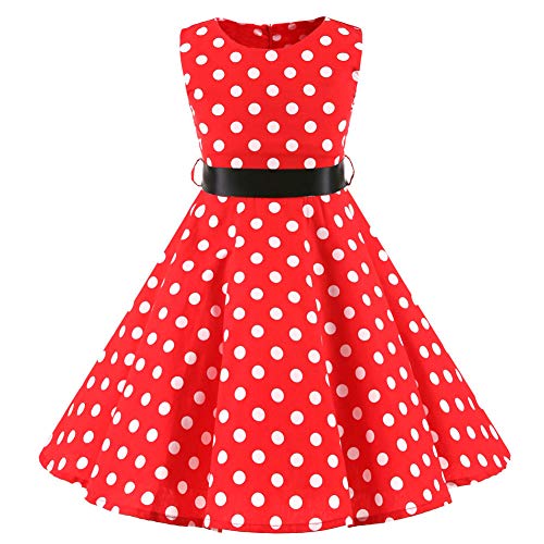 SXSHUN Mädchen Retro Vintage Rockabilly Kleid Partykleider Cocktailkleider Im 50er-Jahre-Stil, Rot + Weiß Punkt, 134/140 (Etikettengröße:140)