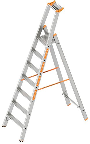 Layher 1064007 Stufenstehleiter einseitig begehbar Topic mit 7 Breiten Stufen, Aluminiumleiter klappbar mit Podest, Länge 2.45 m