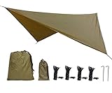 Uong Zeltplane Camping Zelt Tarp, 2.35x2.35m PU2000mm Wasserdicht Hängematte Tarp Regen Fliegen 230 * 230cm mit 2 Aluminiumpfähle + 4 Seilen, Leichte Tragbare für Camping(Kamel)