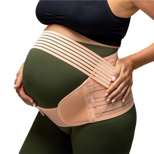 BABYGO® Bauchgurt Bauchband Schwangerschaft | Schwangerschaftsgürtel Stützgürtel bauchstütze beckengurt | inklusive Übungsbuch - Yoga für Schwangere XL Beige