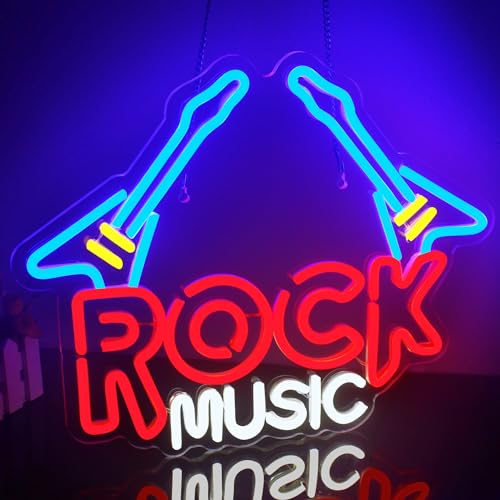 Looklight Rock Music Leuchtreklamen Musik Blaues rotes LED-Neonschild Rock Music Dimmbare Neonschild Gitarrenförmige Neonlichter für Schlafzimmer Kinderzimmer Musikstudio Bar Club Musikparty