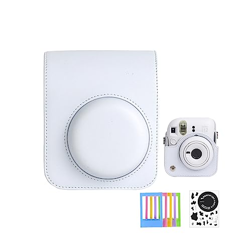 Aisnyho Kameratasche für Fuji Instax Mini 12 Sofortbildkamera mit verstellbarem Schultergurt/Fotorahmen/Cartoon-Aufkleber, Tonweiß, Kameratasche
