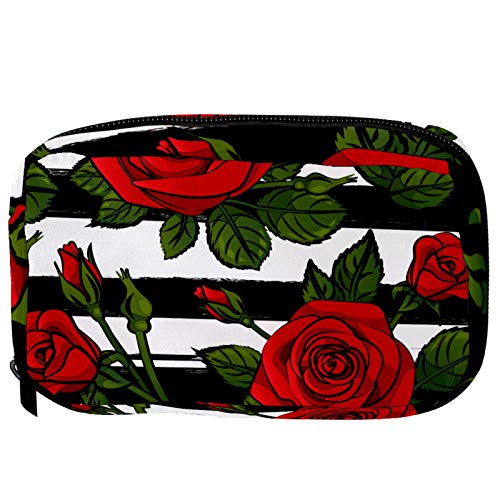 Kosmetiktaschen Blooming Red Roses Schwarz Weiß Streifen Handy Kulturtasche Reisetasche Oragniser Make-up Tasche für Frauen Mädchen