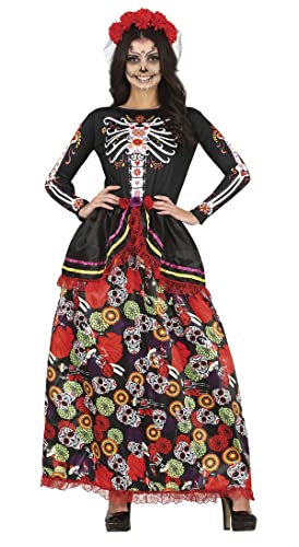 FIESTAS GUIRCA Schickes Kleid Tag der Toten - Langes Kleid mit Totenkopf-Print und Blumen-Haarreif Día De Los Muertos Outfit Kostüm Erwachsene Damen Größe S 34-36