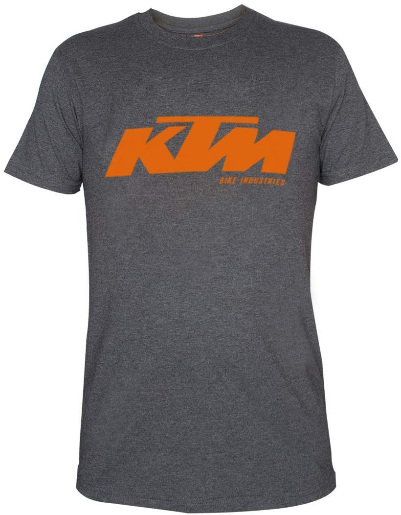 KTM Factory Team T-Shirt in grau mit Logo Print in orange (Größe S-XXL) inkl. Schlüsselband + Bisomo Sticker, Größe:S