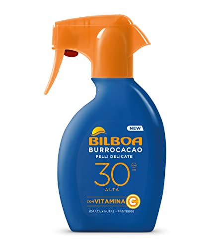 Bilboa Burrocacao Sonnenspray Trigger SPF 30, hoher Sonnenschutz für empfindliche Haut, Formel mit Vitamin C, feuchtigkeitsspendend, nährt und schützt, ohne Alkohol, Dermatologisch getestet, 250 ml