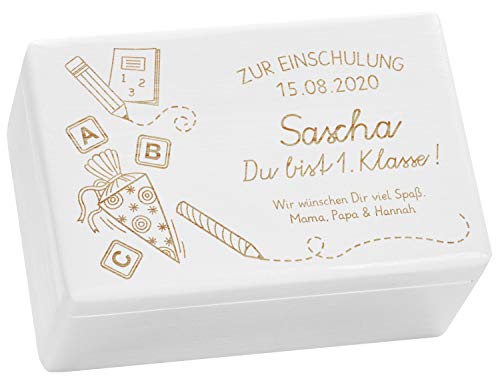 LAUBLUST Holzkiste mit Gravur - Personalisiert mit ❤️ Datum | Name | WIDMUNG ❤️ - Weiß, Größe M - Schultüte Motiv - Geschenkkiste zur Einschulung
